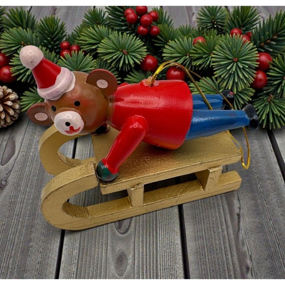 Wooden Christmas Bear On Sled Ornament Vintage Hand Painted Sledding Race